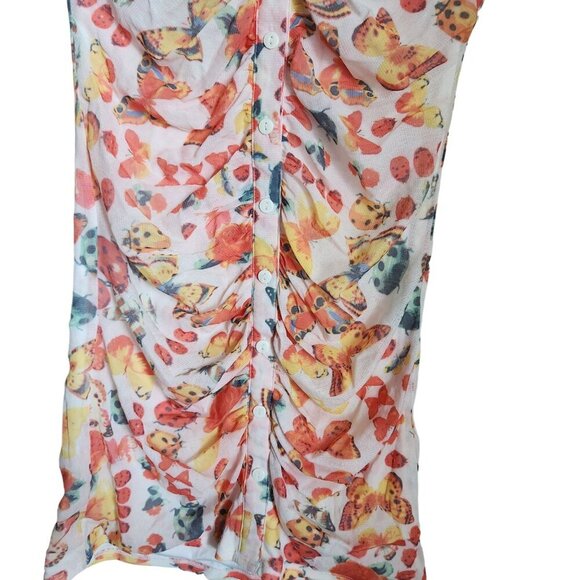 Urban Outfitters Y2K Riko Mesh Orange Butterfly Mini Dress Size M Ruched Button - Picture 4 of 14